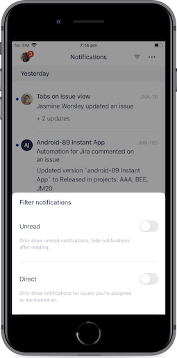 In-app notification filtering (example shown on iOS)