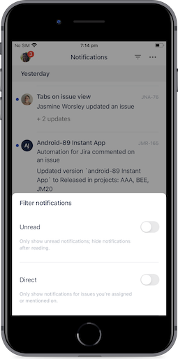 Filtragem de notificações no app (exemplo mostrado no iOS)