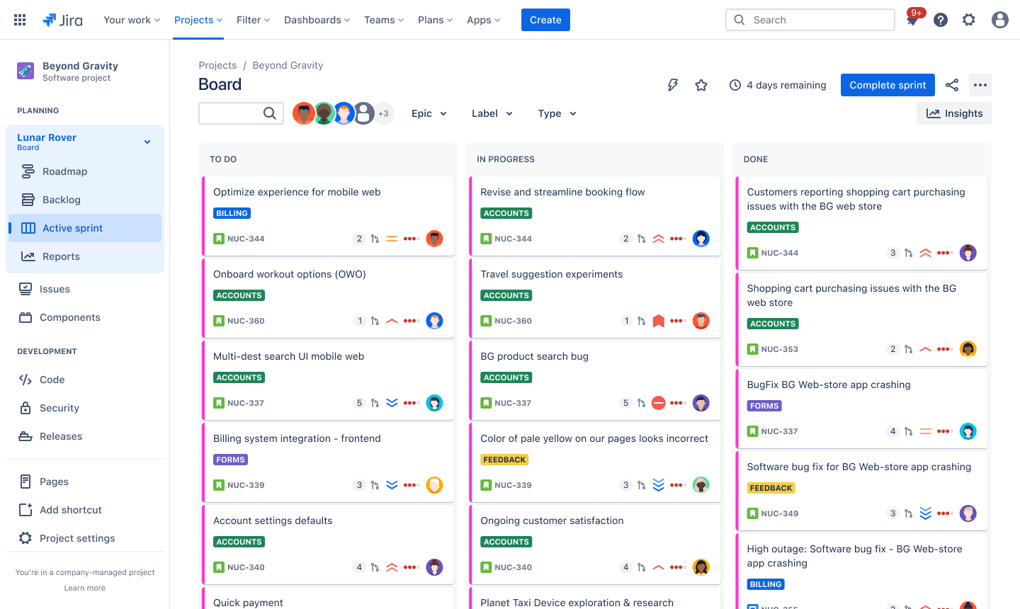 Screenshot van het bordproduct van Jira.