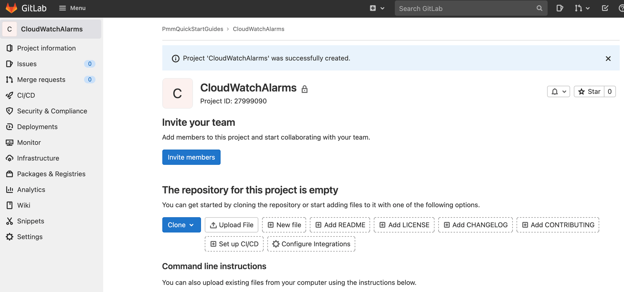 captura de tela de criar projeto no gitlab
