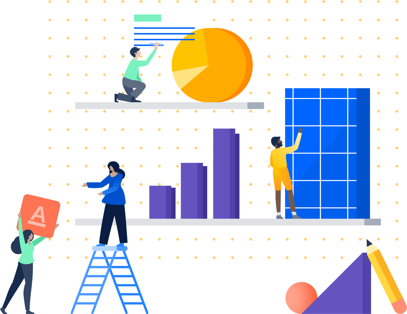 Illustration of people stacking objects on a shelf