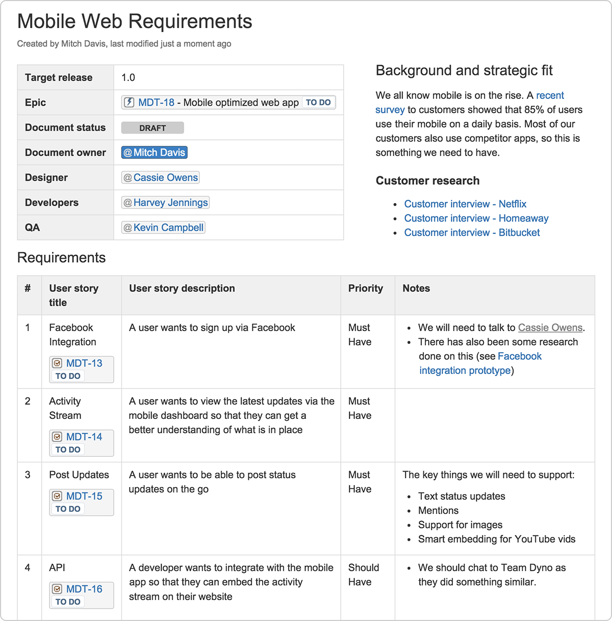 제품 요구 사항 문서 예시 | Atlassian 애자일 코치