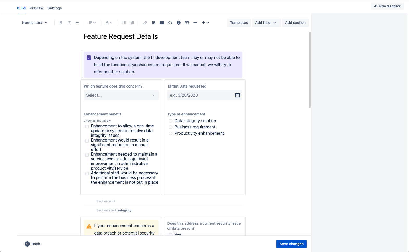 screenshot of a feature request details form