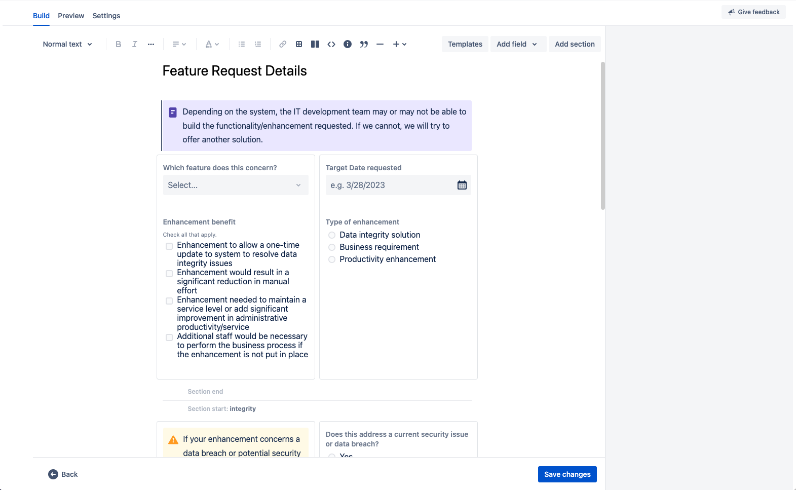 capture d'écran d'un formulaire d'informations de demande de fonctionnalité