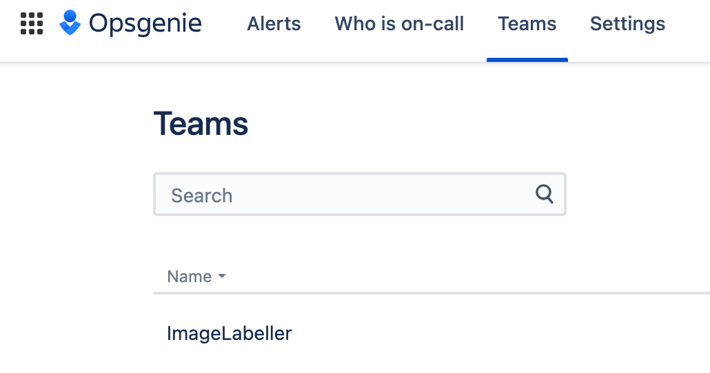 Opsgenie でのチームの検索のスクリーンショット