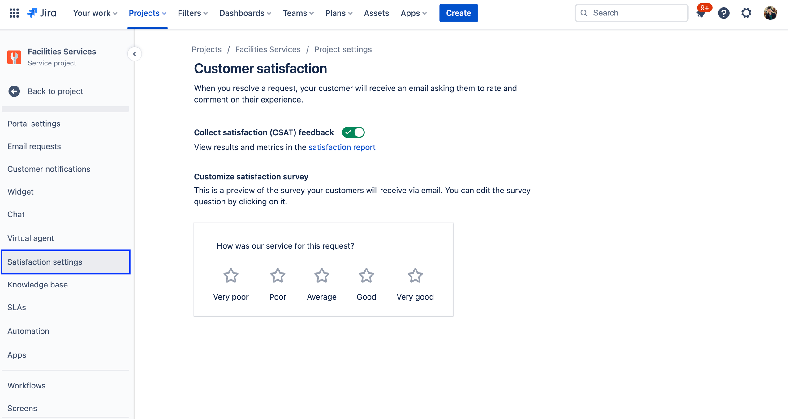 configurações do projeto de satisfação do cliente