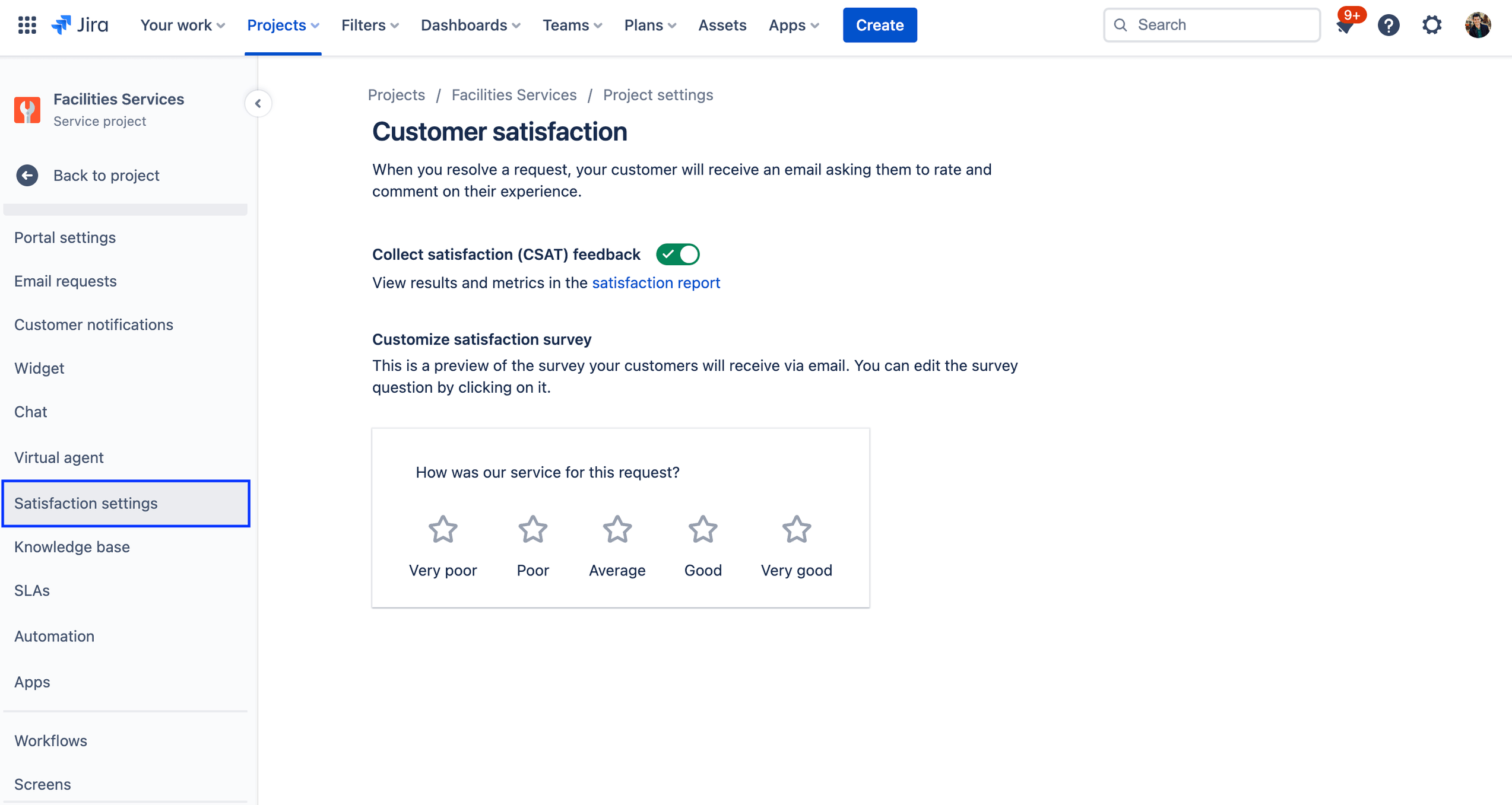customer satisfaction project settings