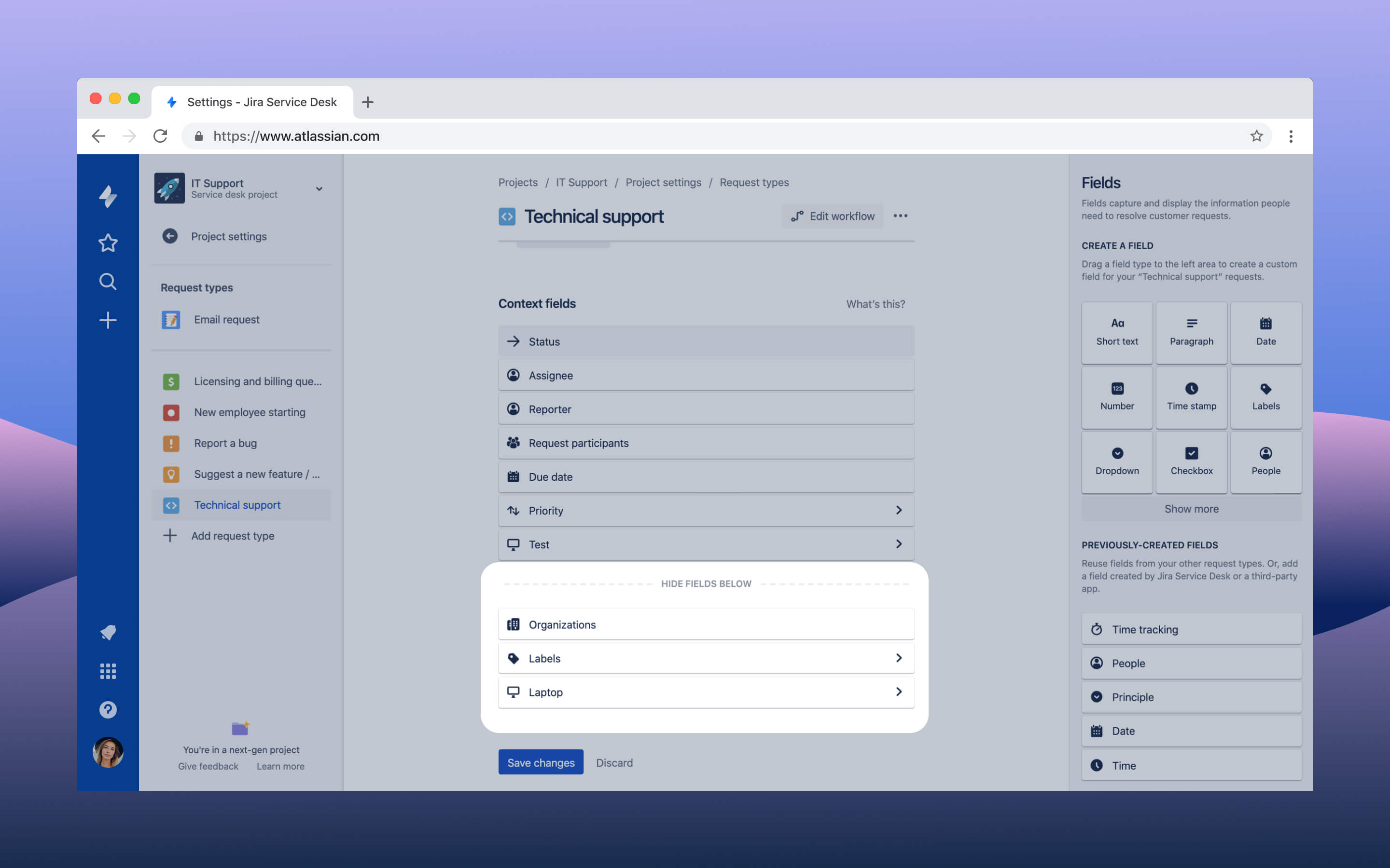 Jira Service Desk hide fields screenshot