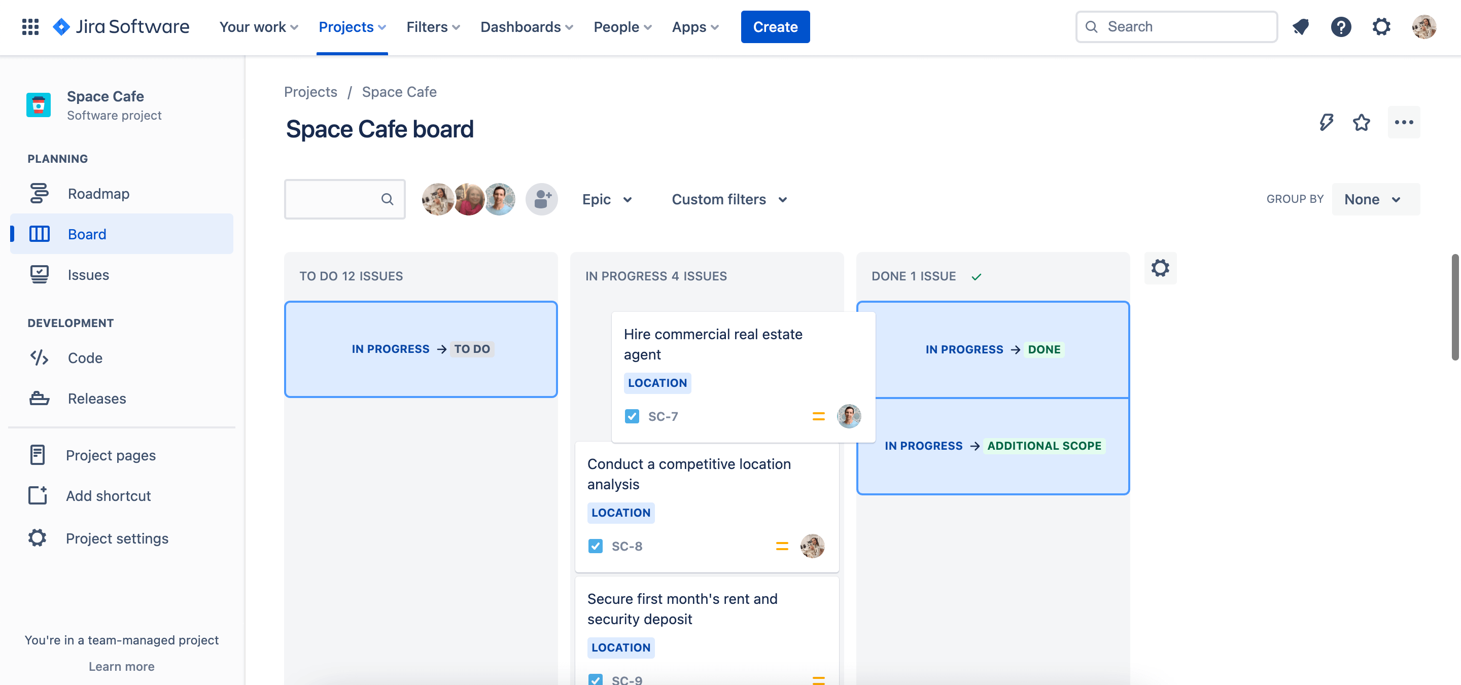 Odwzorowanie wielu statusów przepływu pracy na jedną kolumnę na tablicy w Jira Software