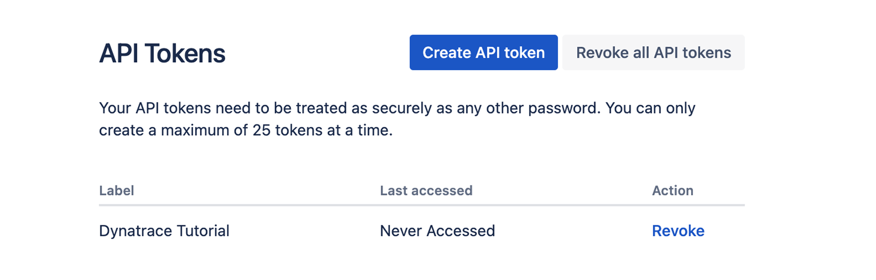 Окно API tokens (Токены API)