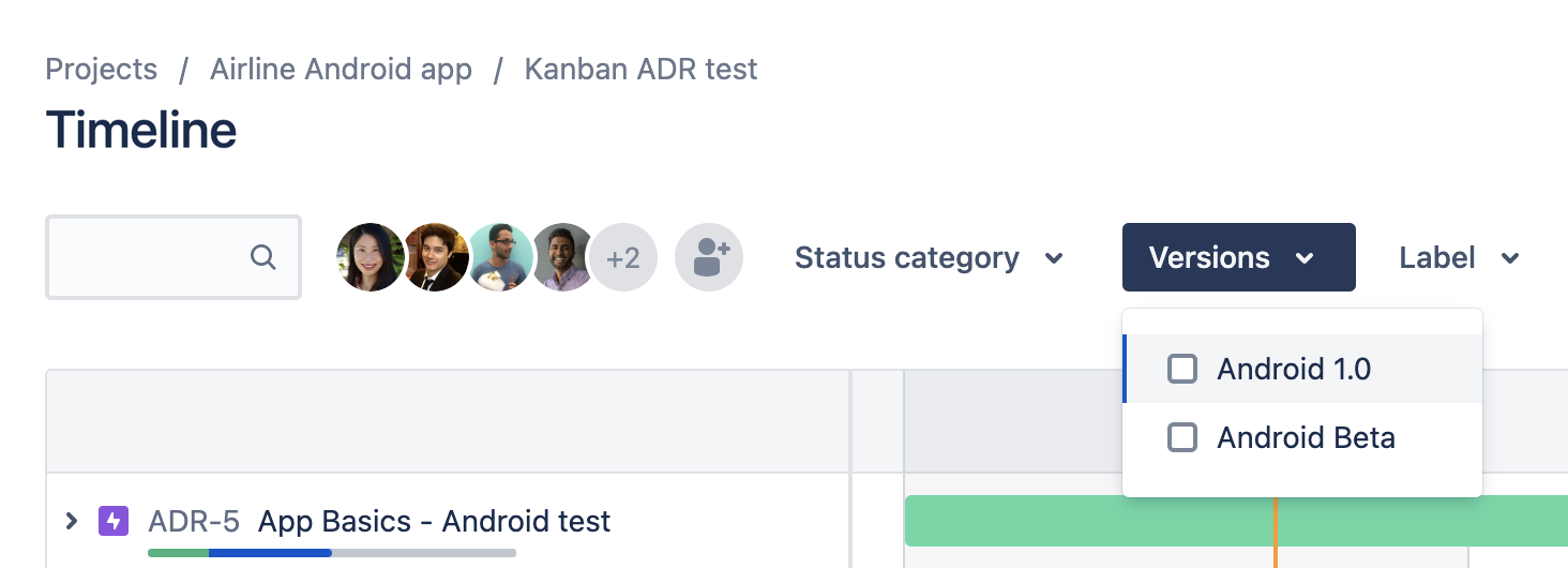 Filter dropdown in Jira Software's timeline view