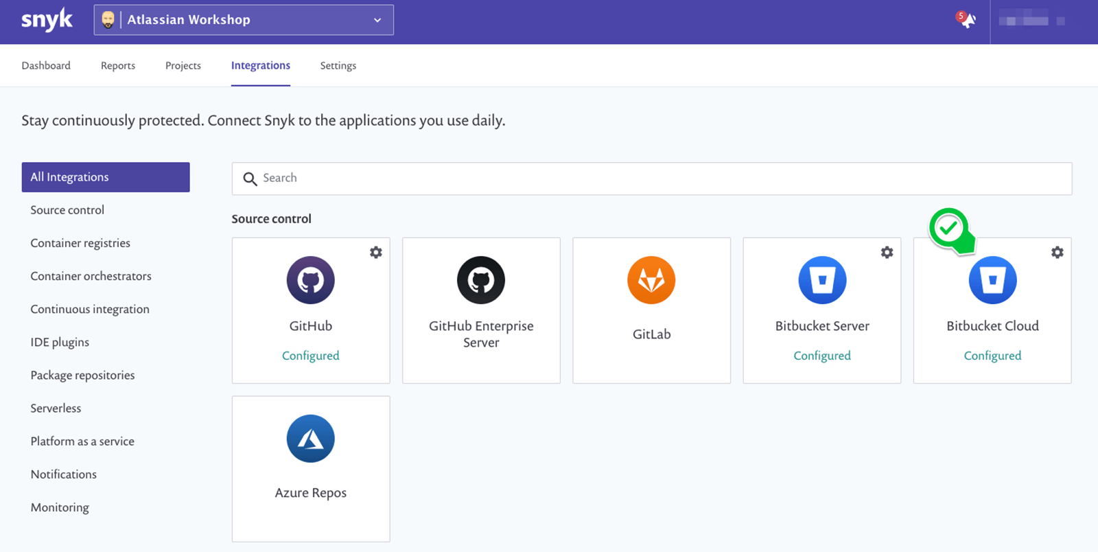 Snyk integrations window
