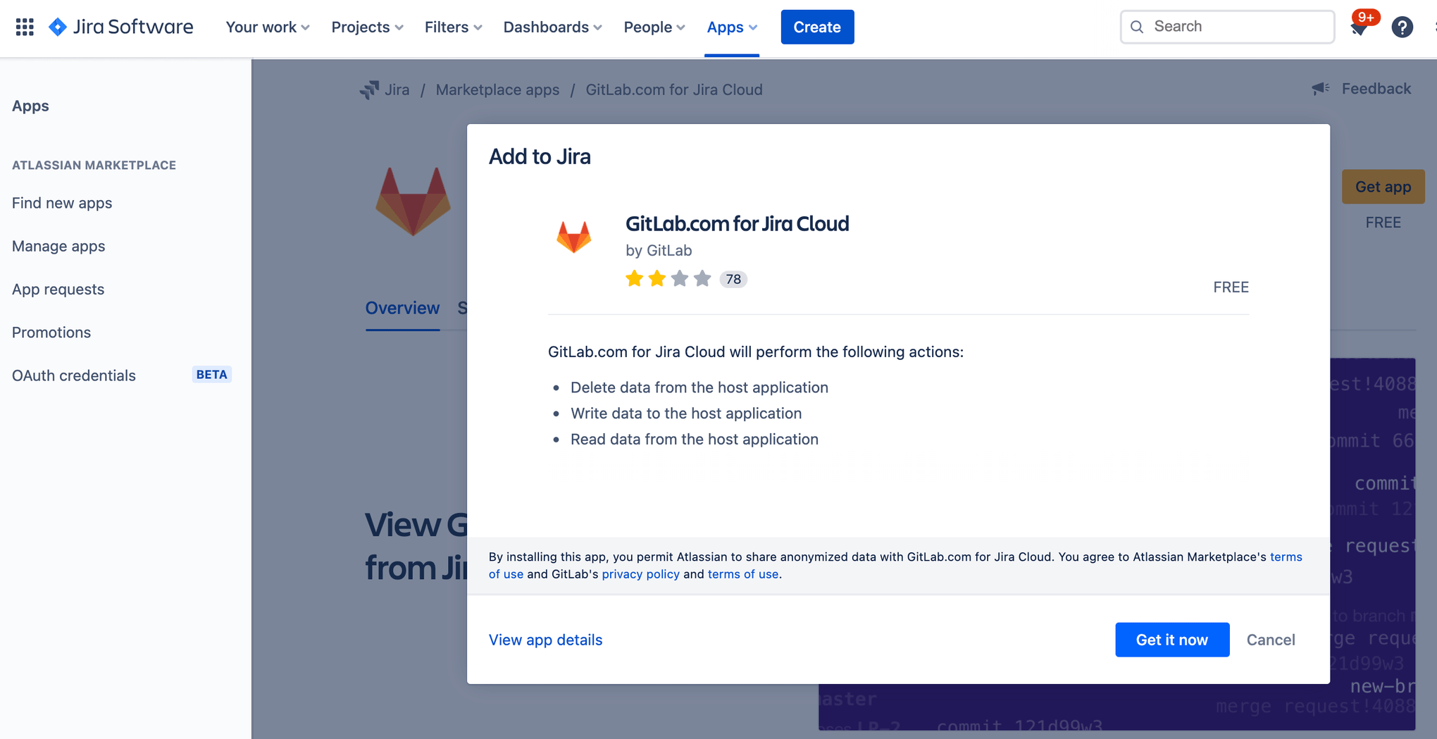 Okno modalne aplikacji GitLab w Jira Software