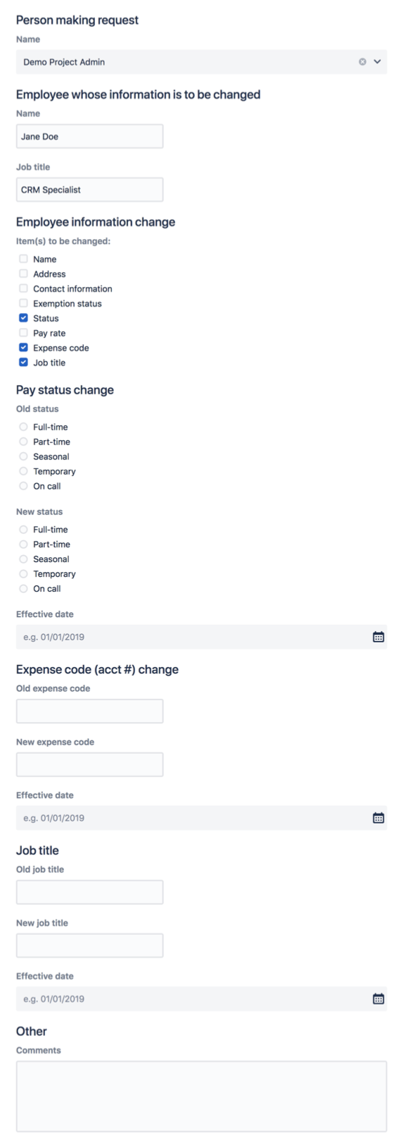 Example of a form in Jira Service Management using conditional logic