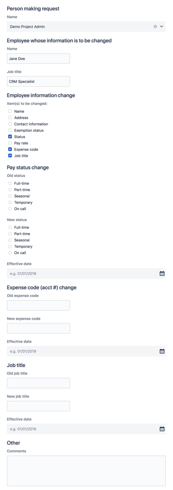 Przykładowy formularz w Jira Service Management wykorzystujący logikę warunkową