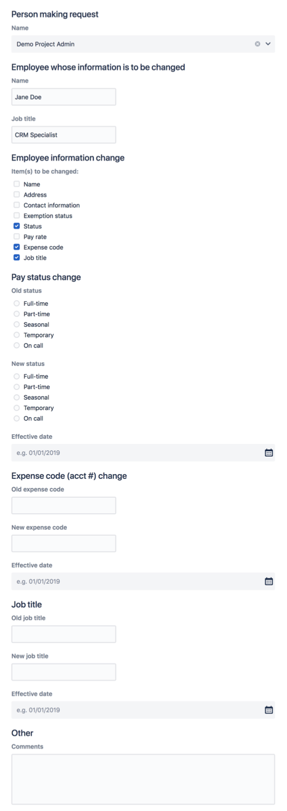 Voorbeeld van een formulier met voorwaardelijke logica in Jira Service Management