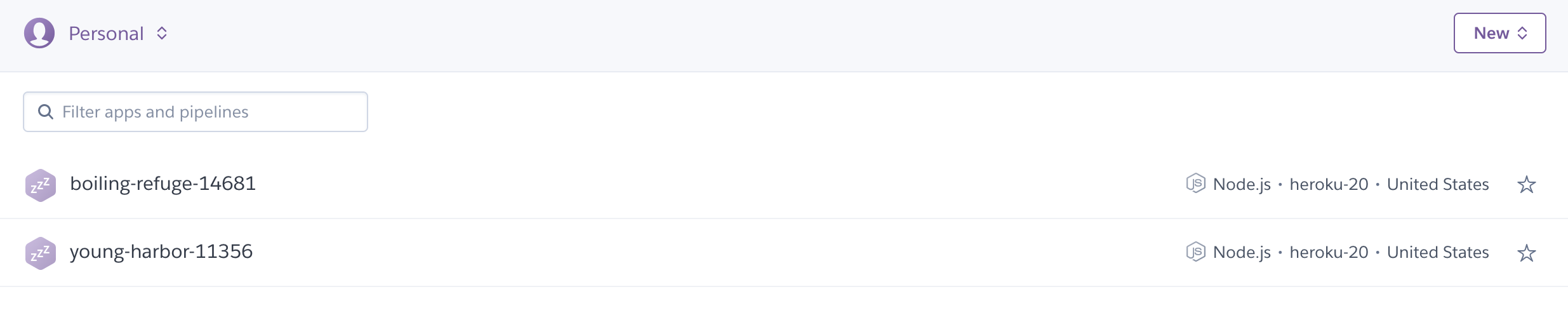Список приложений Heroku в браузере