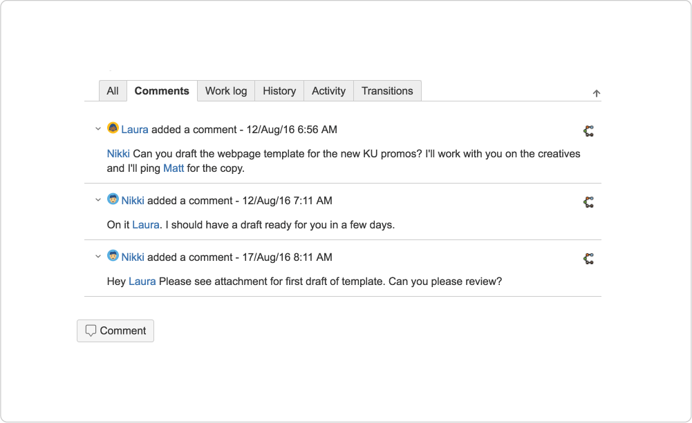 Comentários sobre um tíquete do Jira que está acompanhando o andamento de um projeto