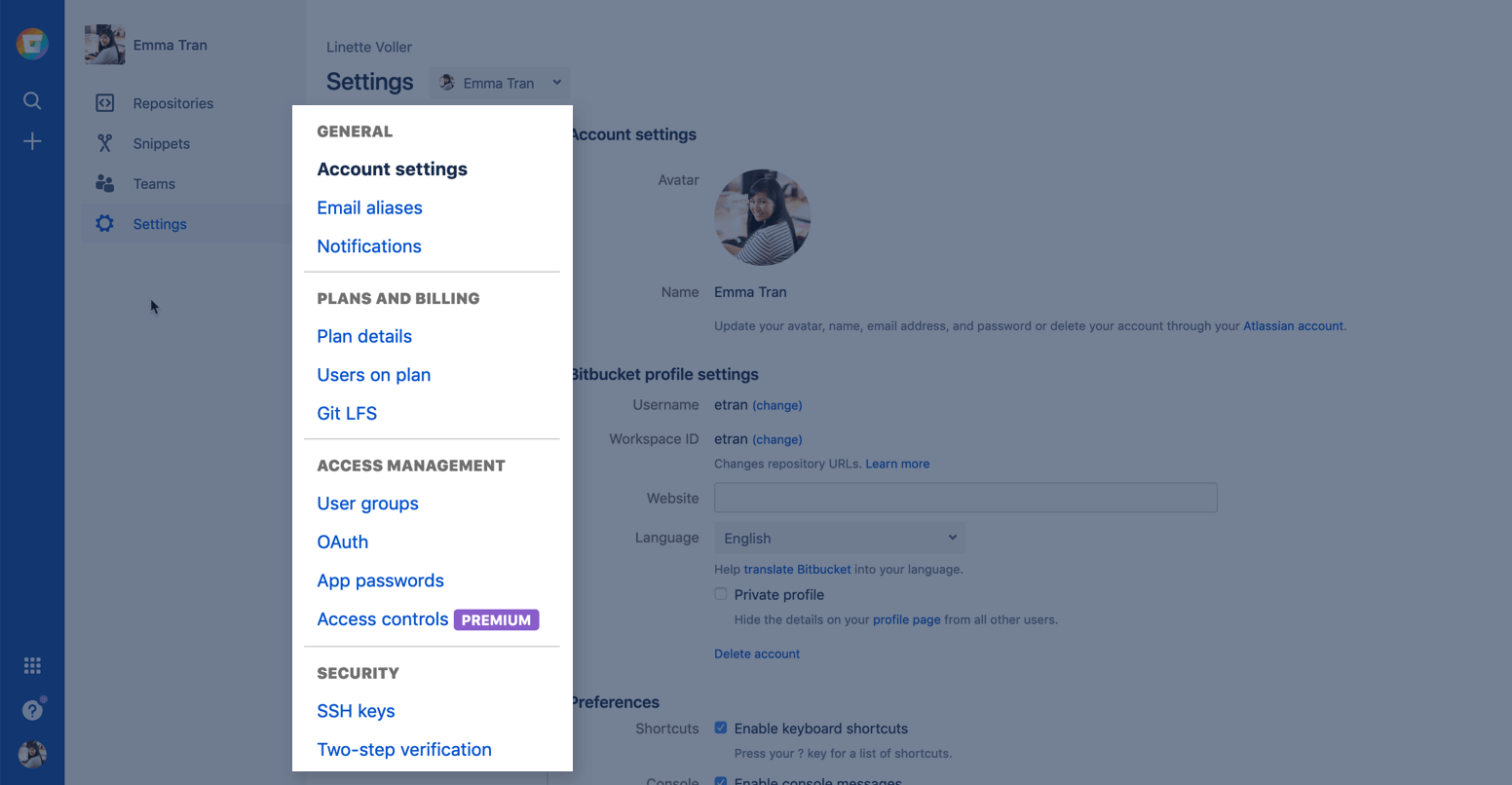 Bitbucket account settings