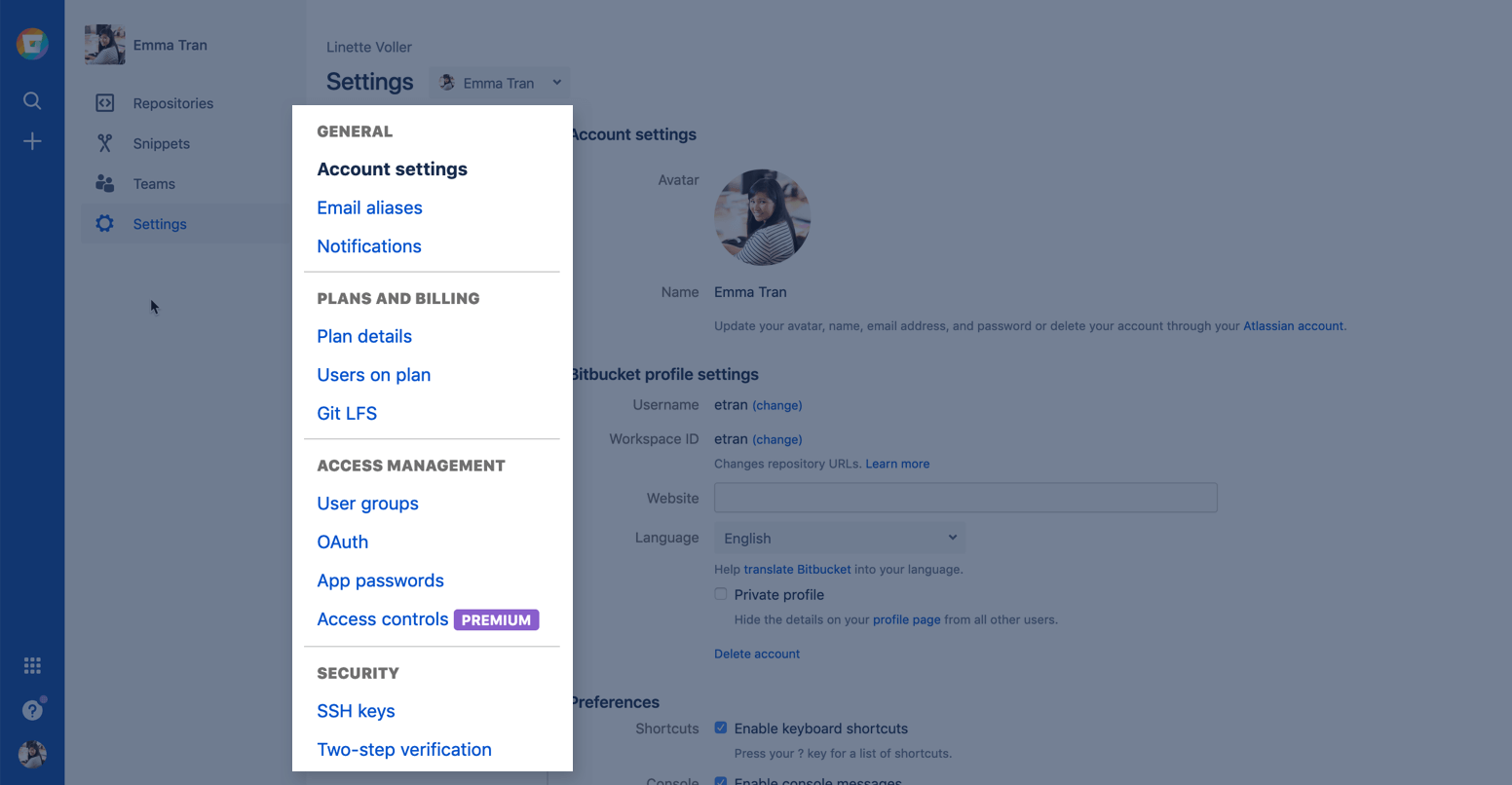 Configurações da conta do Bitbucket