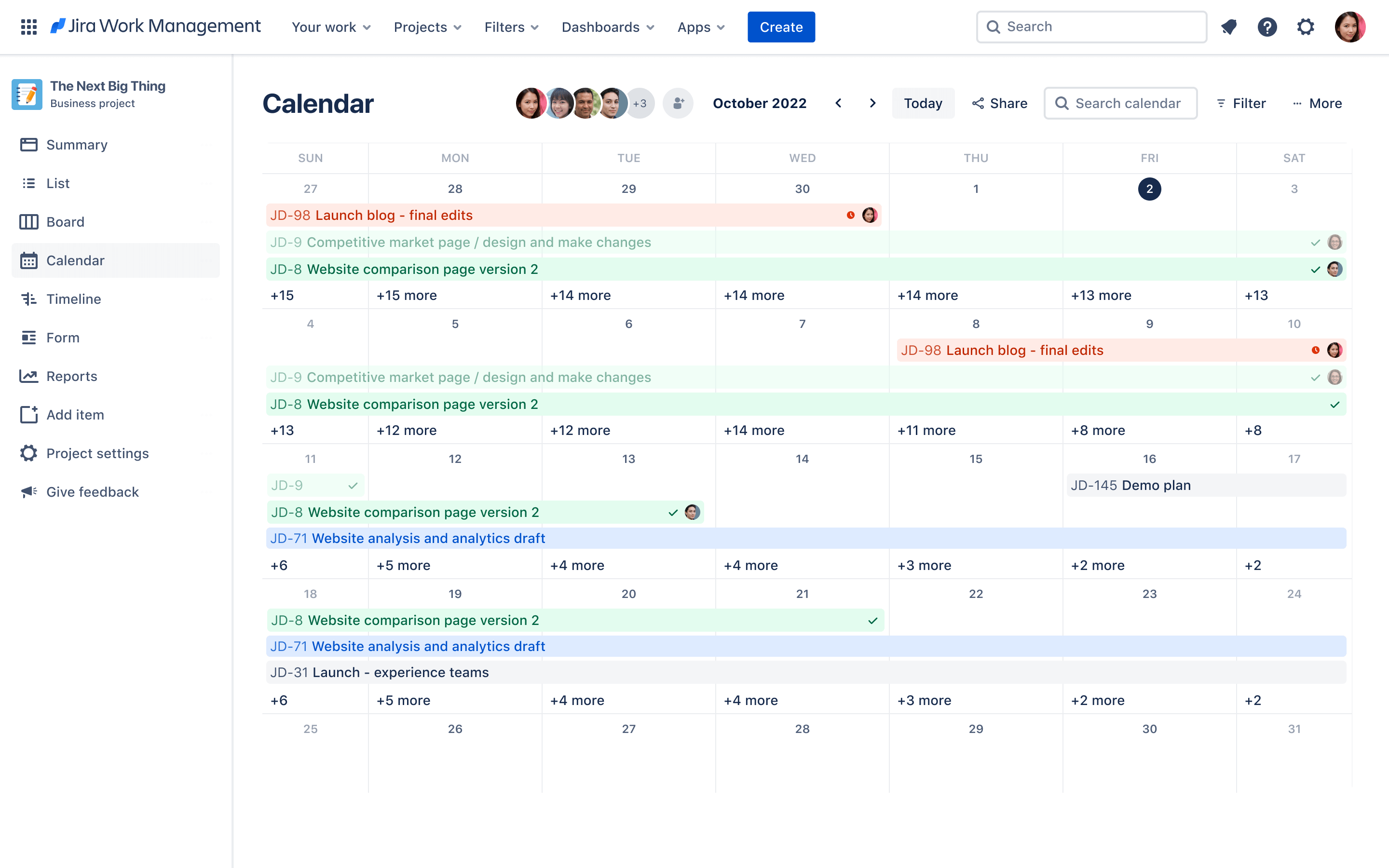 Jira Work Management calendar view showing the calendar month with various programs, events, and tasks in different stages of completion and assigned to different team members.