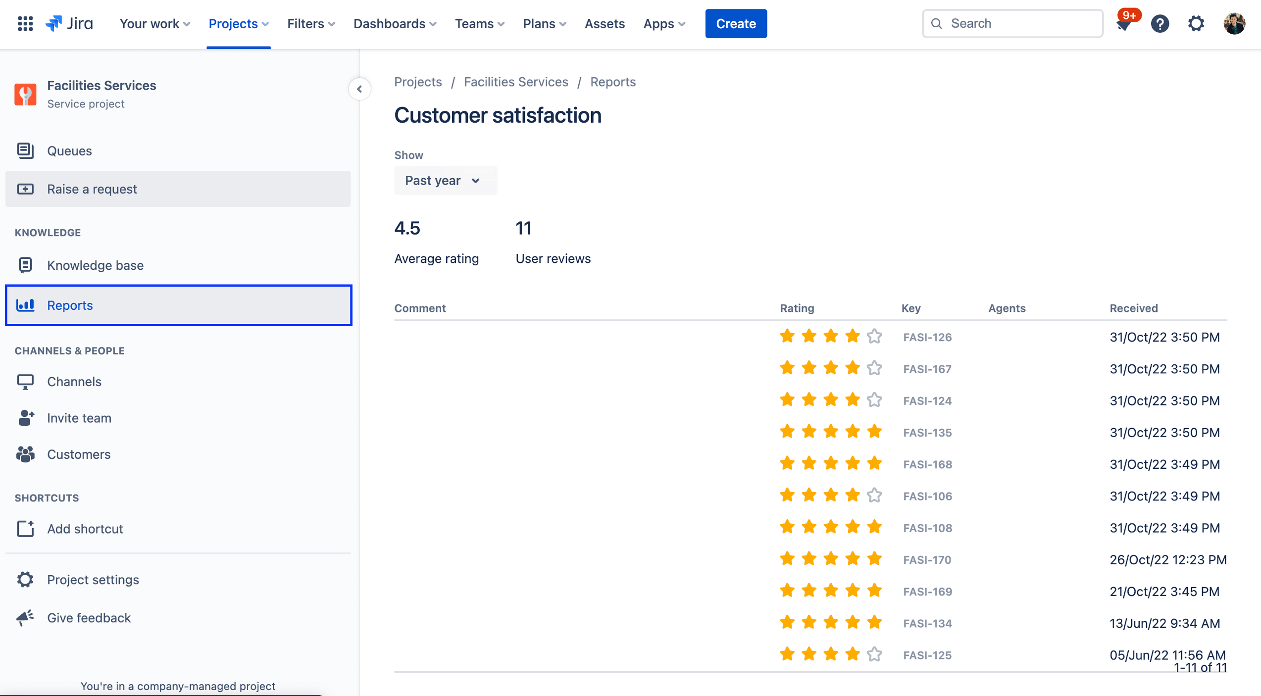 screenshot of customer satisfaction reporting