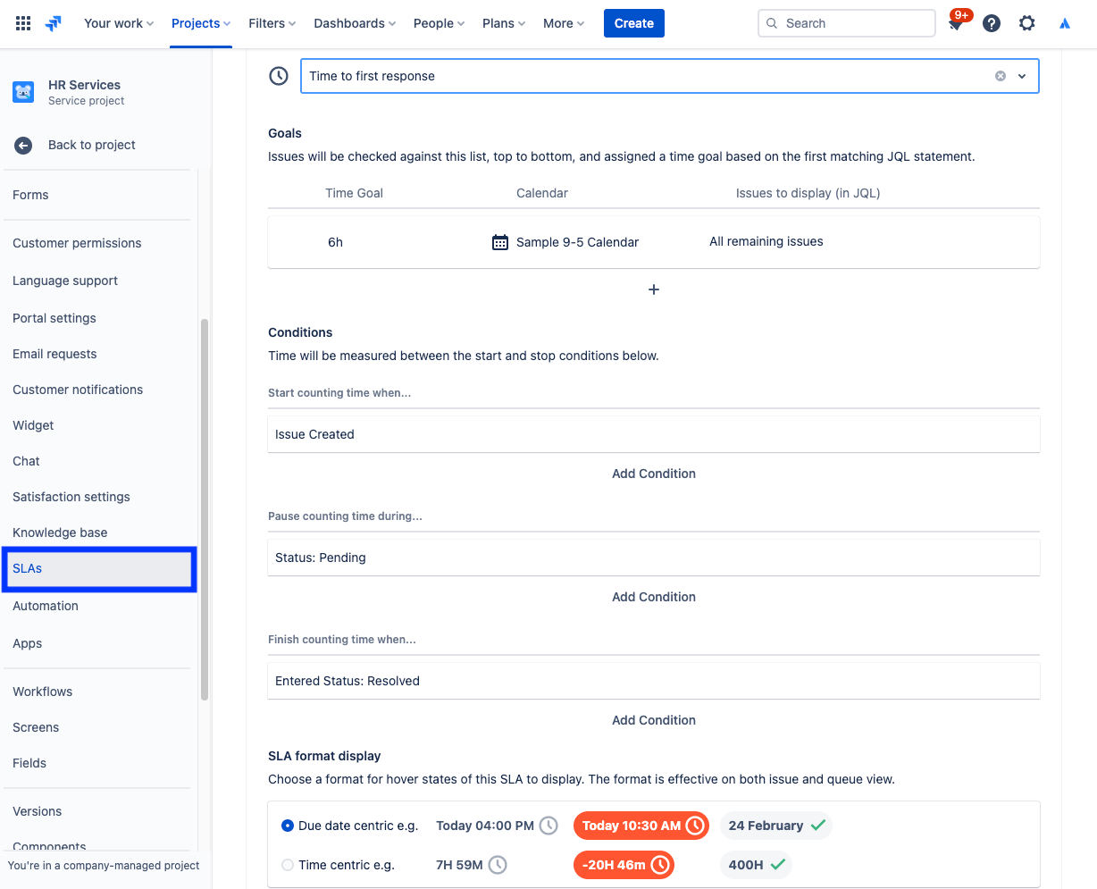 Screenshot: Einstellungen für Service Level Agreements (SLAs)