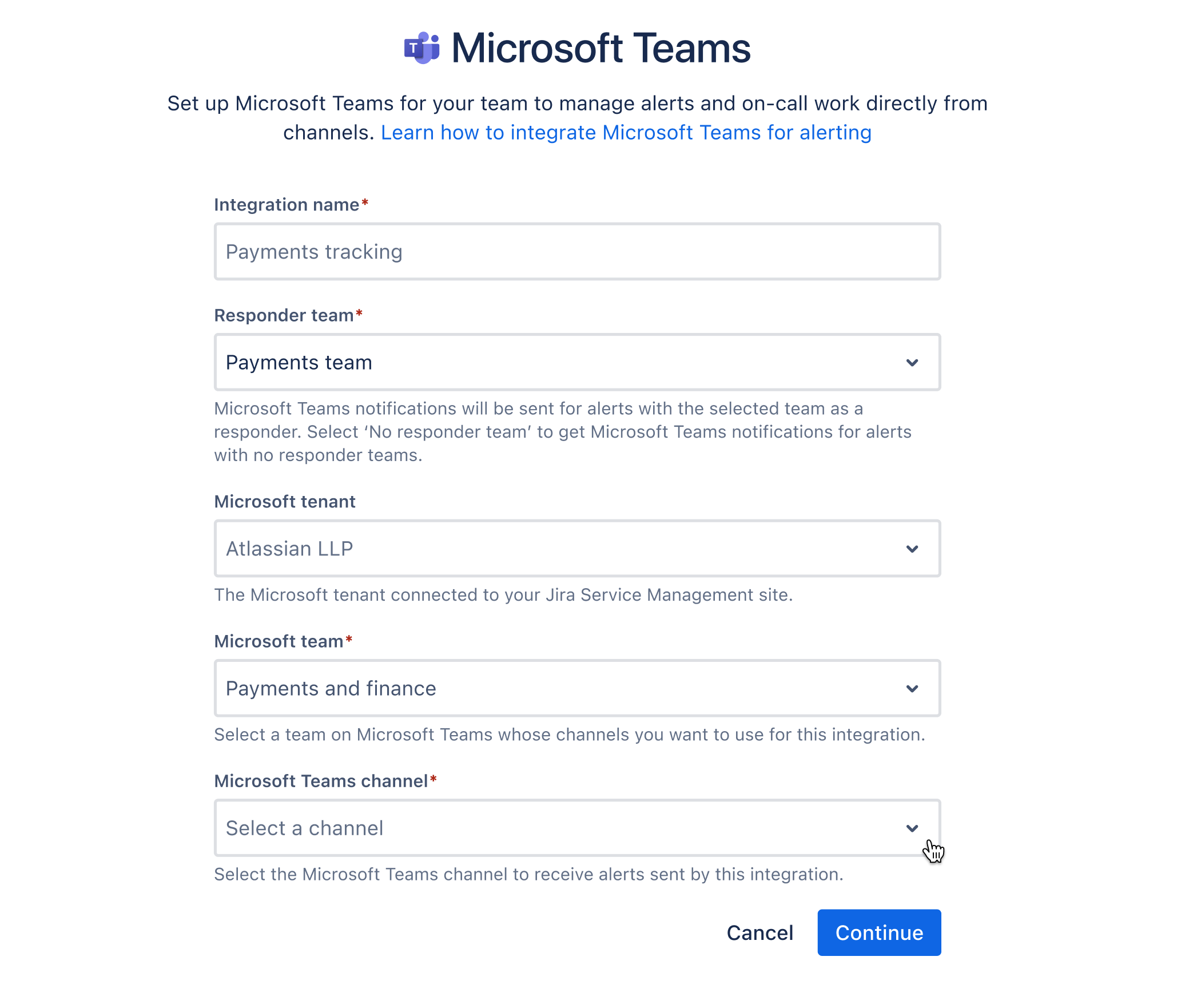 Campos do formulário de integrações do Microsoft Teams