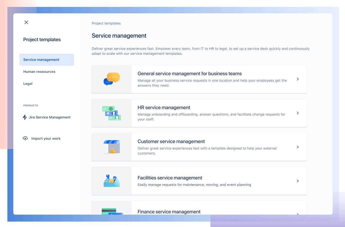 Procura de templates de projeto do Jira Service Management