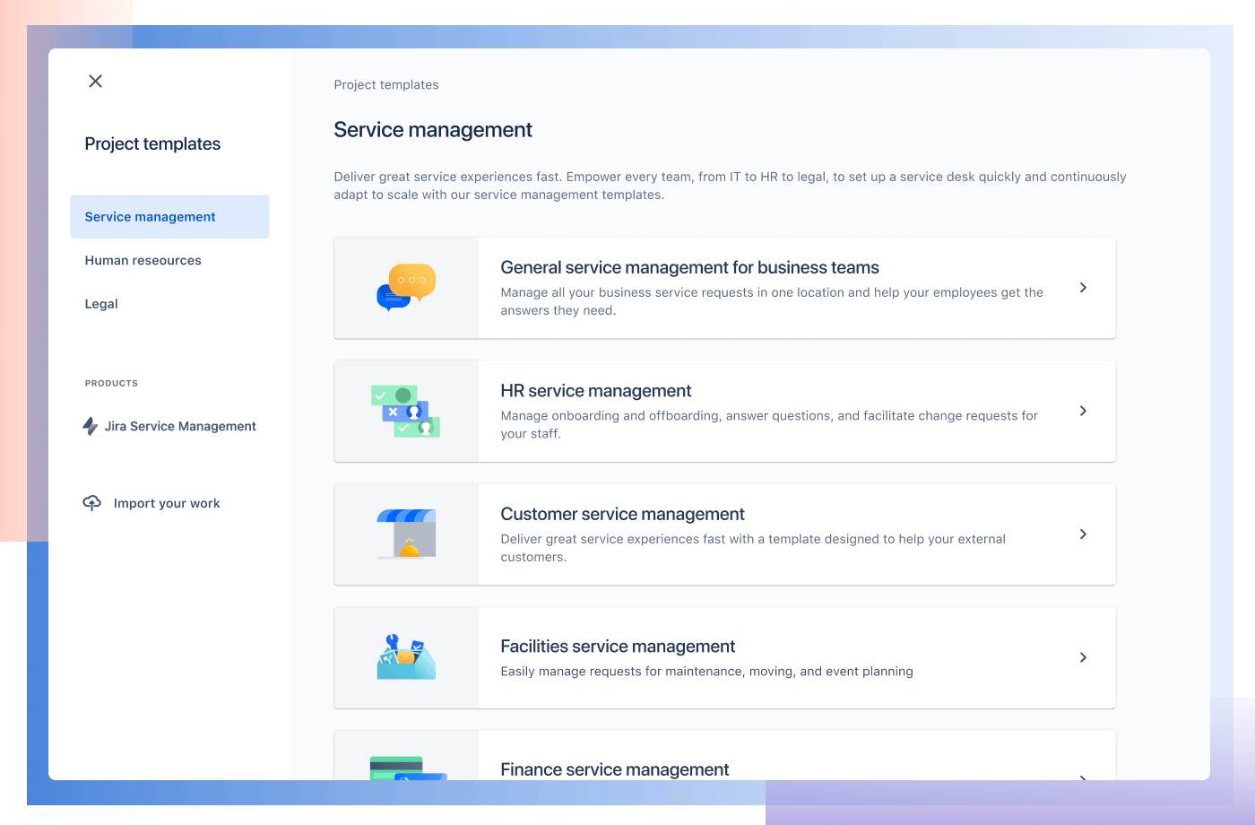 Jira Service Management プロジェクトのテンプレートを閲覧