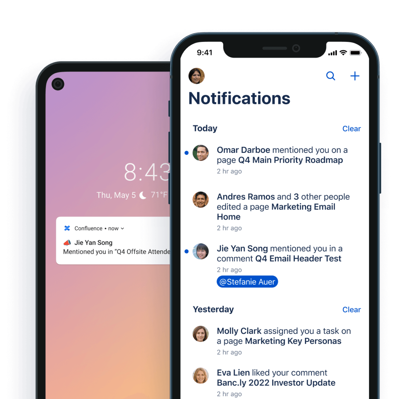 Ejemplo de pantalla de notificaciones en Confluence Mobile