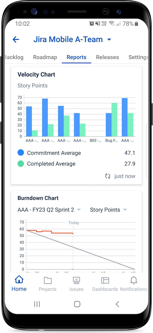 Velocity chart and burndown chart (example shown on Android)