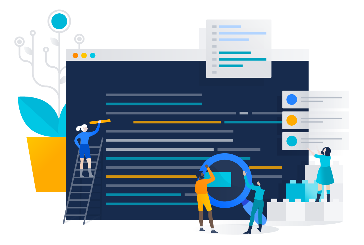 Uma equipe trabalha em conjunto para inspecionar o código antes do lançamento. | CI/CD da Atlassian