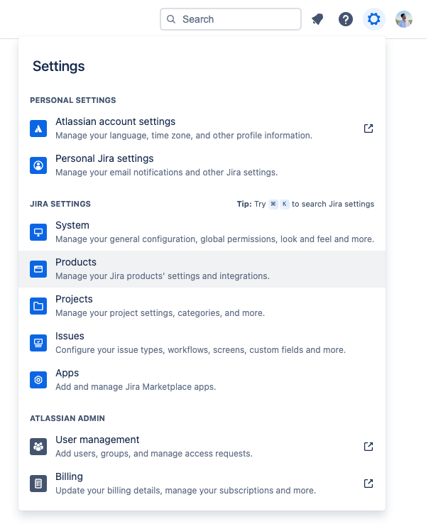 Jira admin settings pane