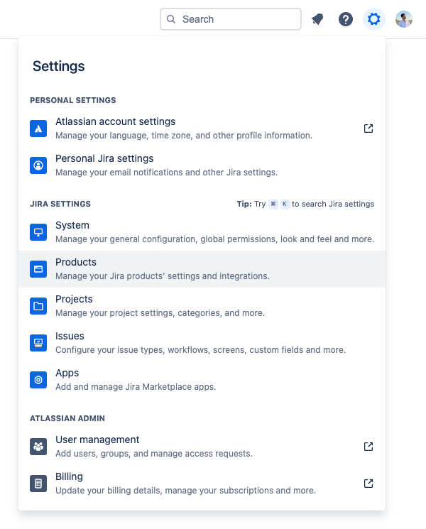 Bereich mit Jira-Admin-Einstellungen