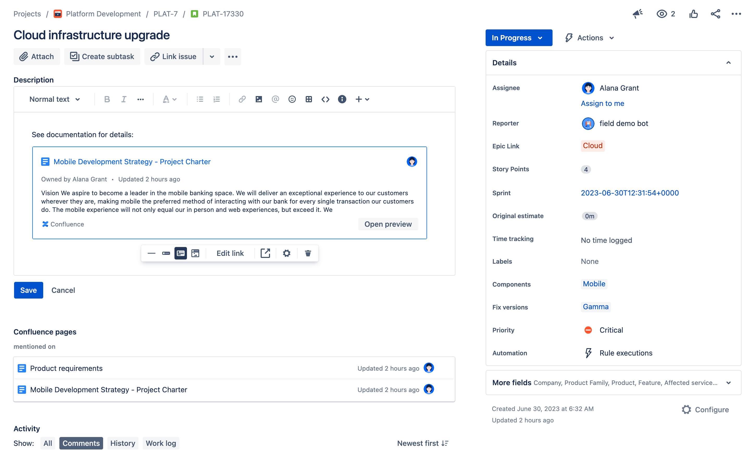 Pagina Confluence aggiunta nello screenshot dei ticket di Jira.