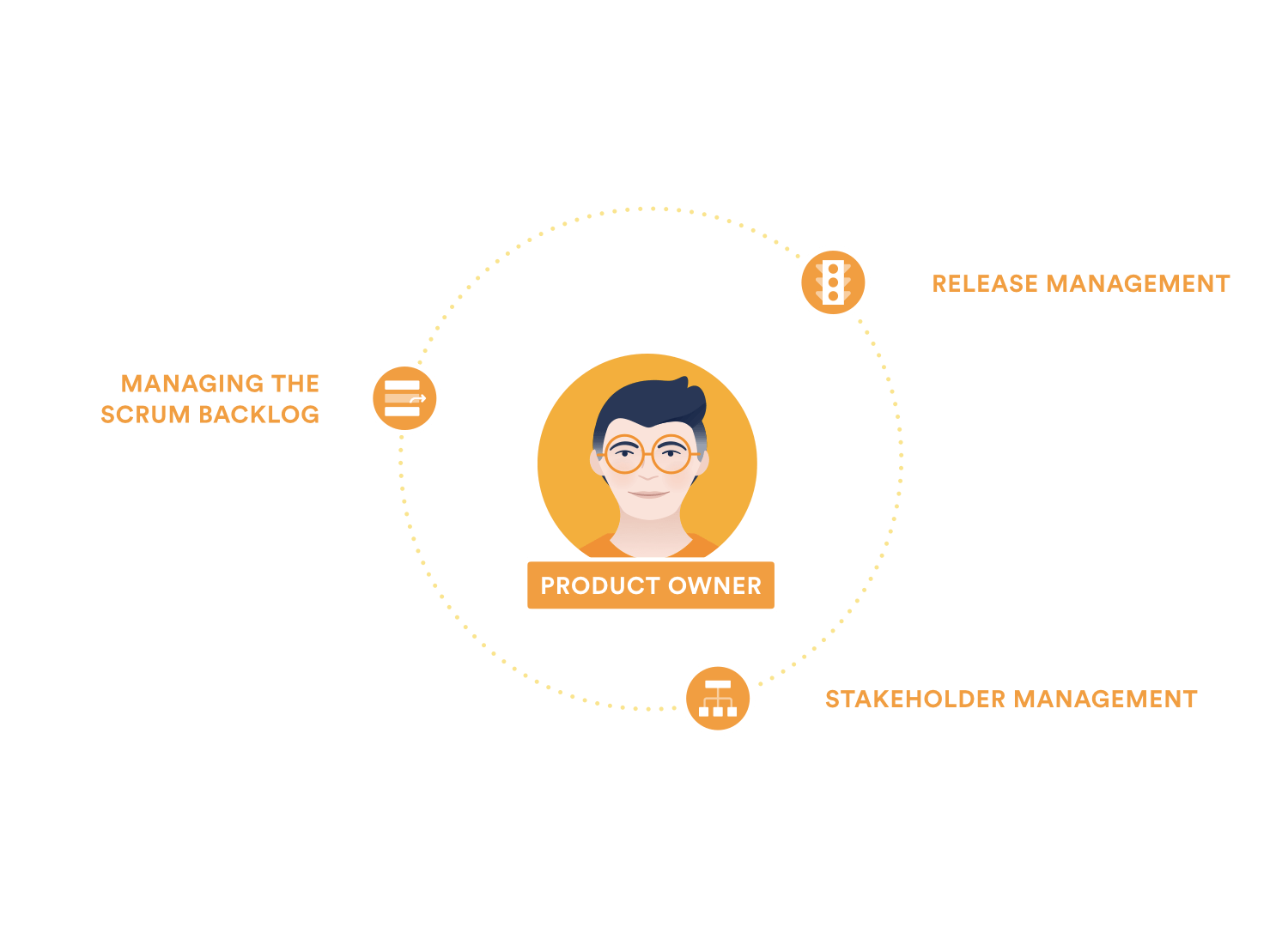 A diagram showing the product owner's responsibilities: Manage the product backlog, release management, stakeholder management.