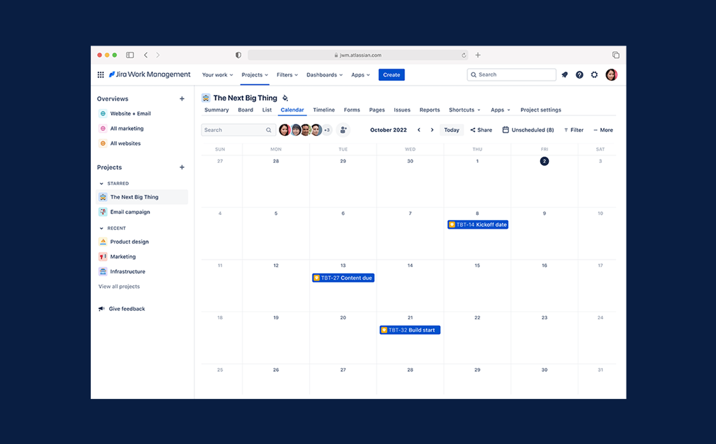 Widok kalendarza w Jira Work Management