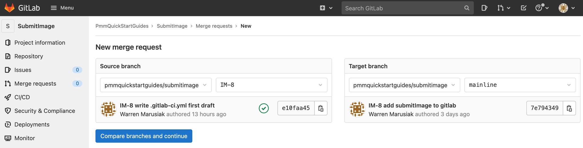 GitLab의 병합 요청 스크린샷