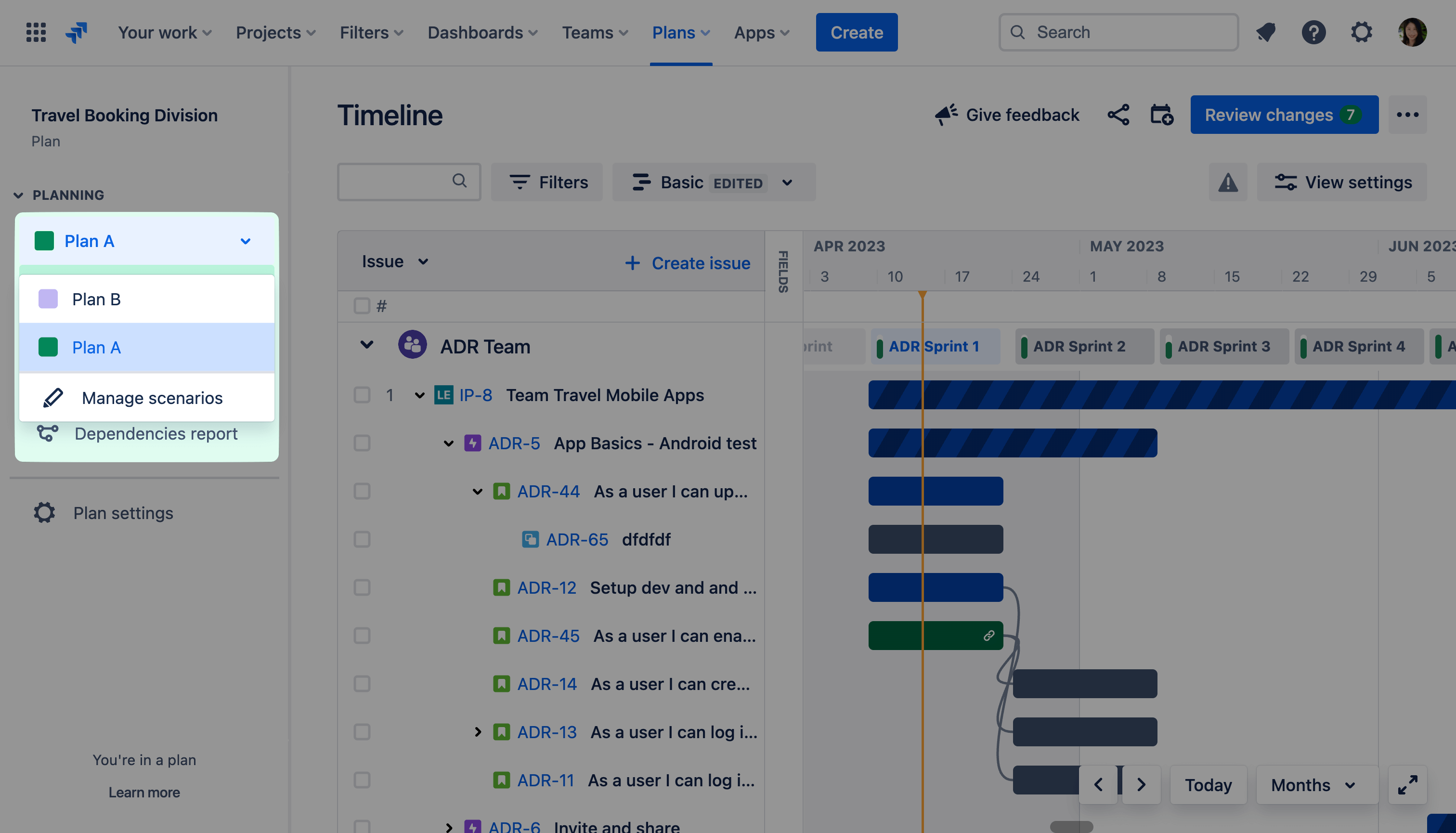 Captura de pantalla de escenarios de Advanced Roadmaps