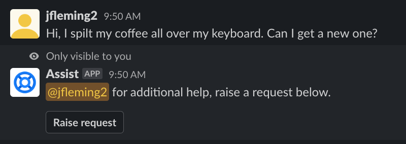 Automatyczne zgłoszenie na podstawie wniosku w Slack z monitem Atlassian Assist o wypełnienie formularza przez użytkownika
