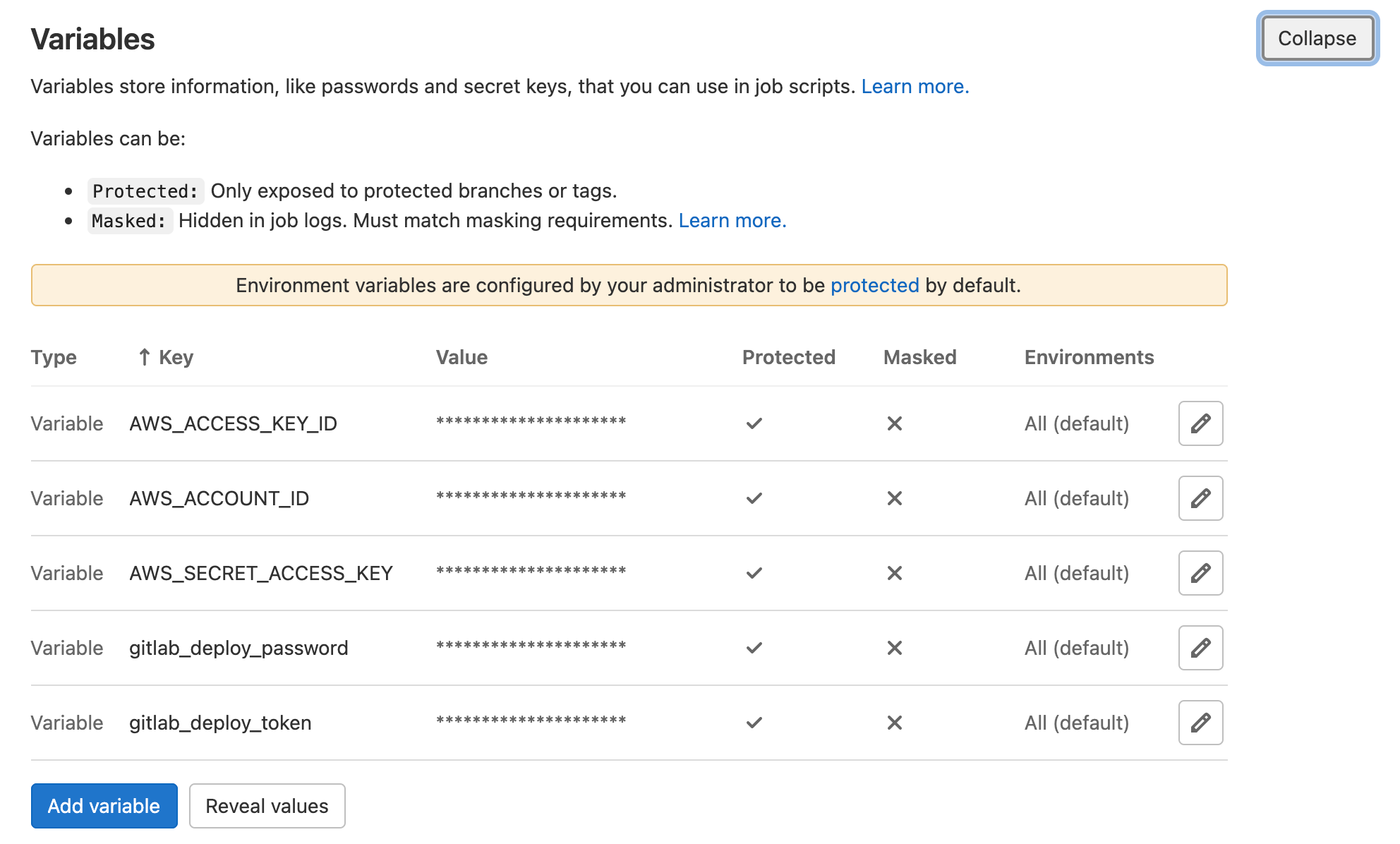 Capture d'écran montrant l'écran des variables dans GitLab