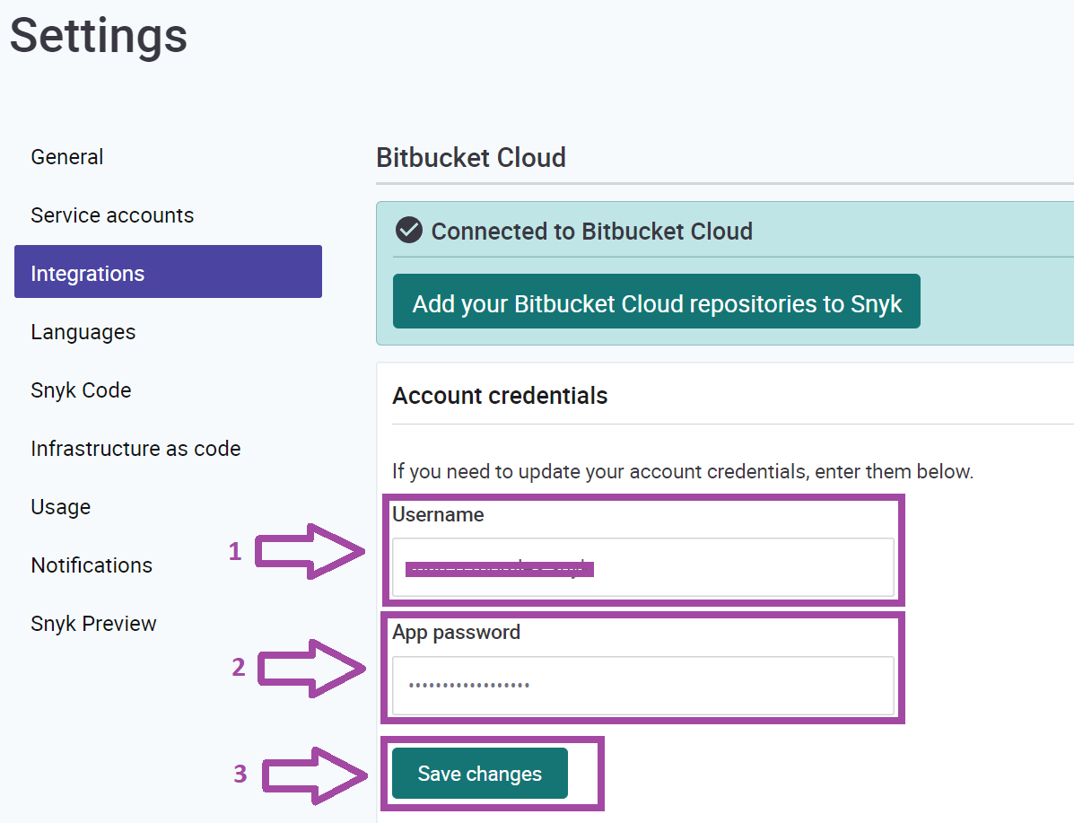 Settings: integrations window