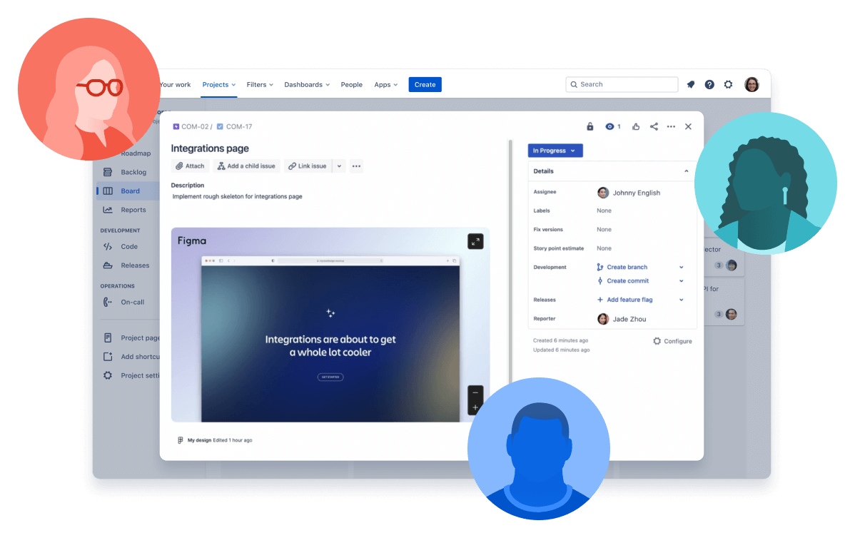 Image of a Jira ticket surrounded by illustrations of people's headshots