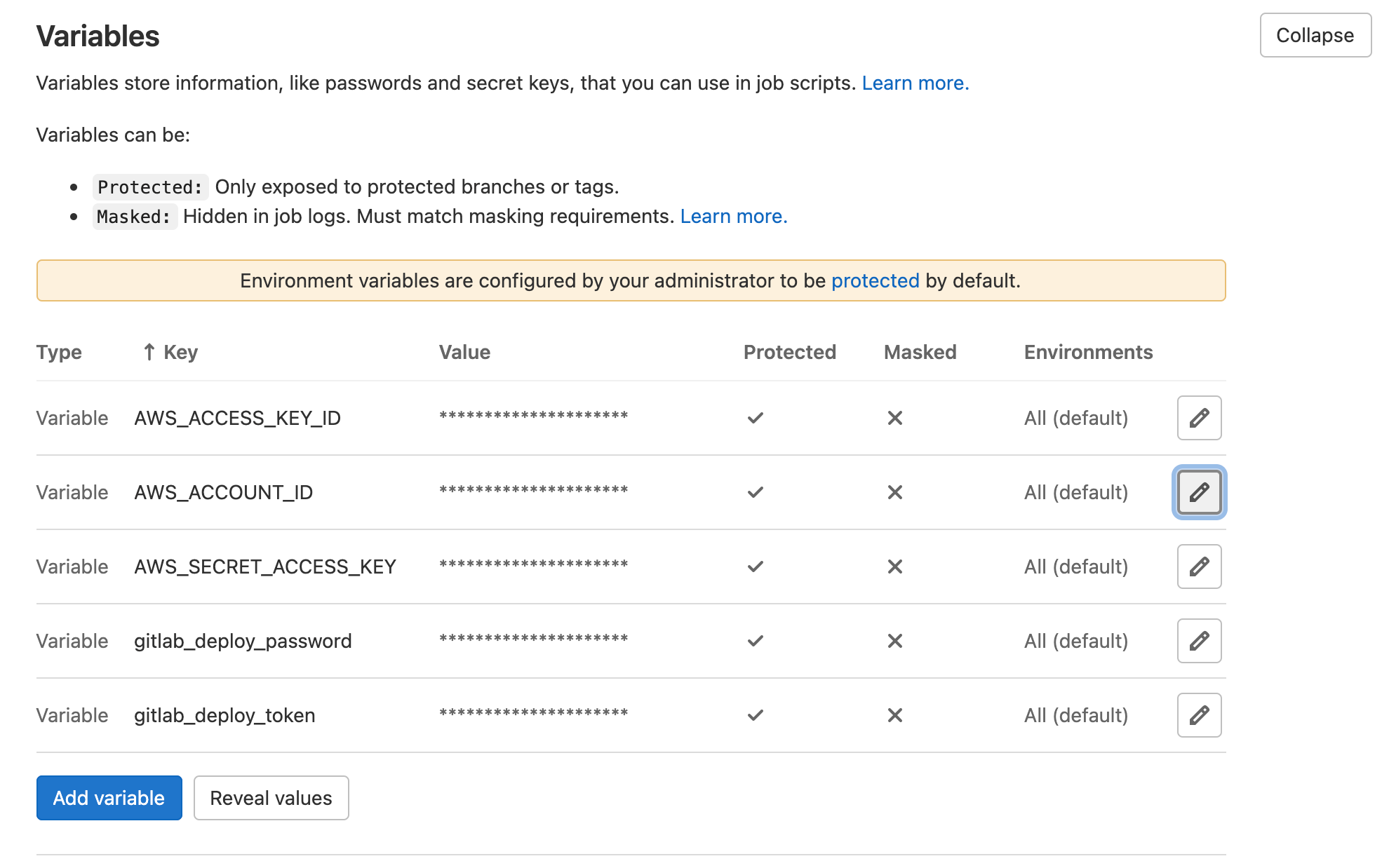 Capture d'écran de la page des variables dans GitLab