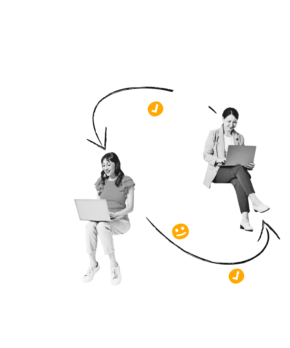 两个同事坐在 Jira Service Management 徽标上合作