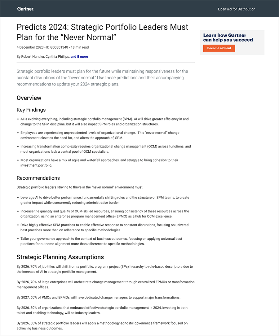 Gartner® Predicts 2024: Strategic Portfolio Leaders Must Plan for the "Never Normal"