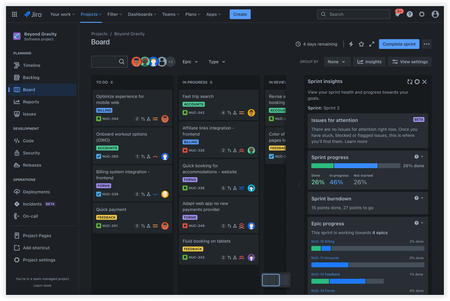 Jira Board with sprint insights screenshot.