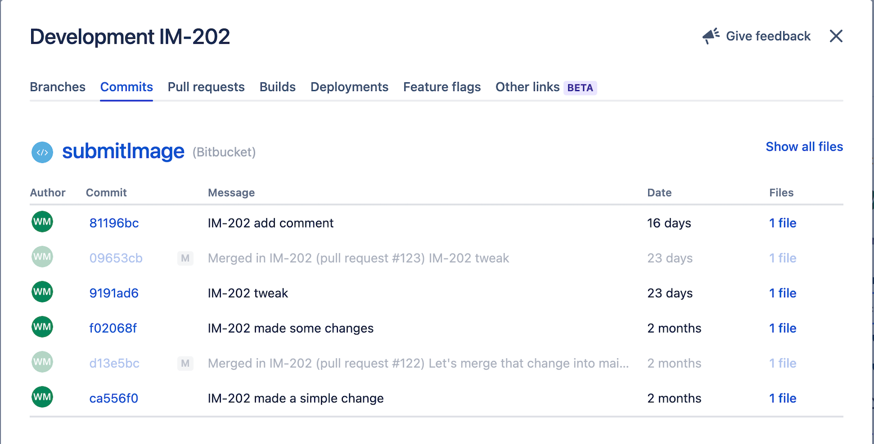 Captura de tela da integração do controle do código-fonte com rastreamento do trabalho