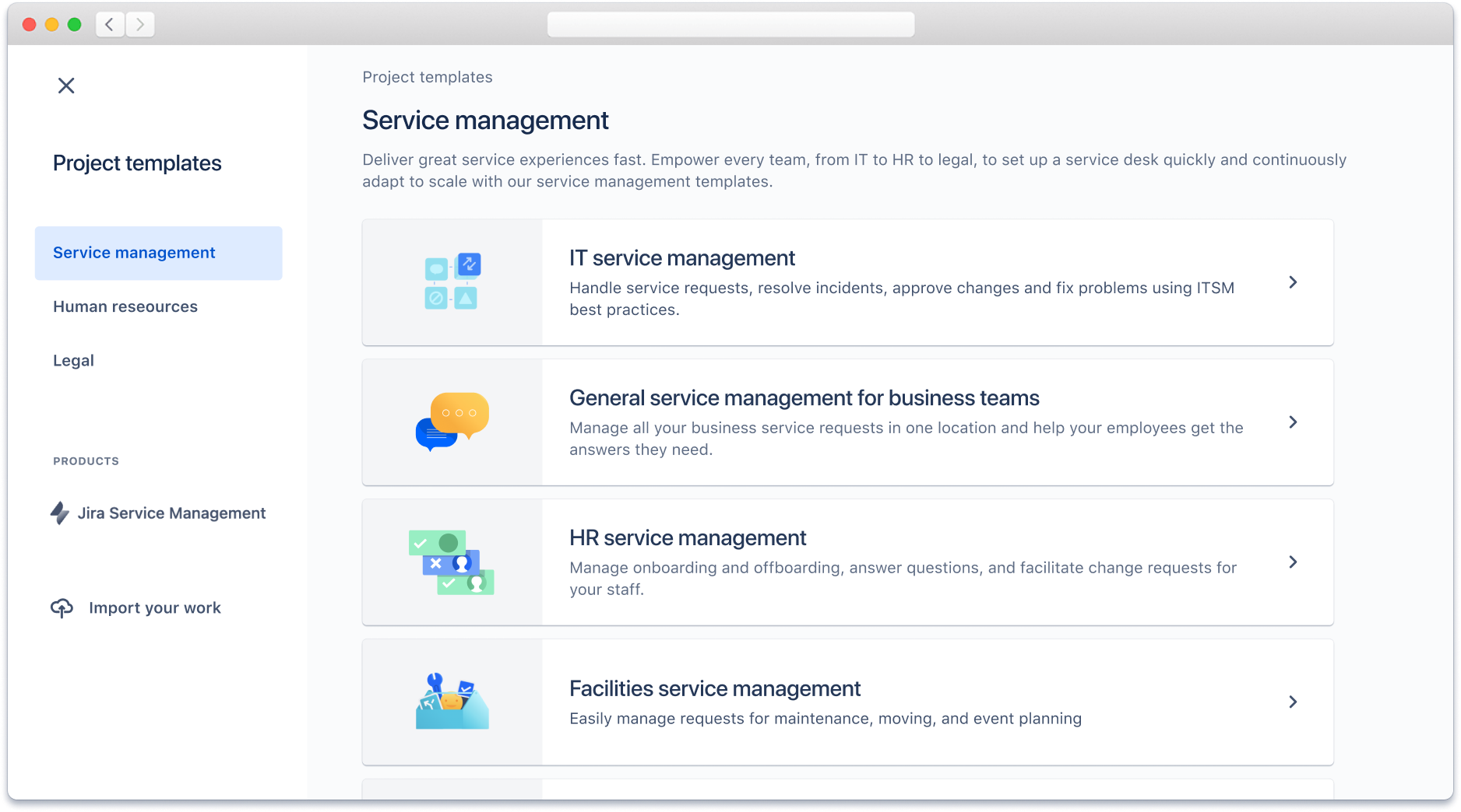 Modèles de projets de gestion des services disponibles dans Jira Service Management